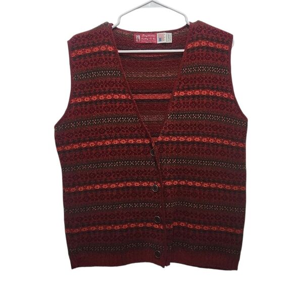 Binghamton Knitting Company Sweaters - Vintage Binghamton Knitting XL Fair Isle Sweater Vest USA Burgundy Grandpa 80s
